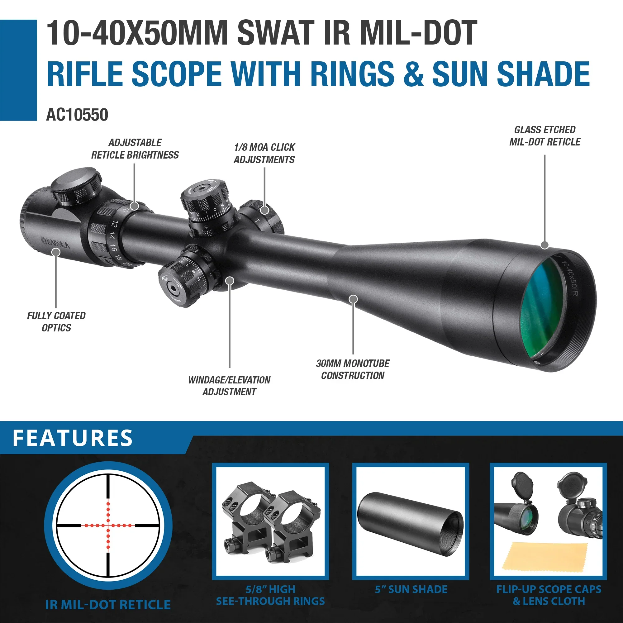 10-40x50mm SWAT IR Mil-Dot Rifle Scope with Rings and Sun Shade | AC10550 - Image 7