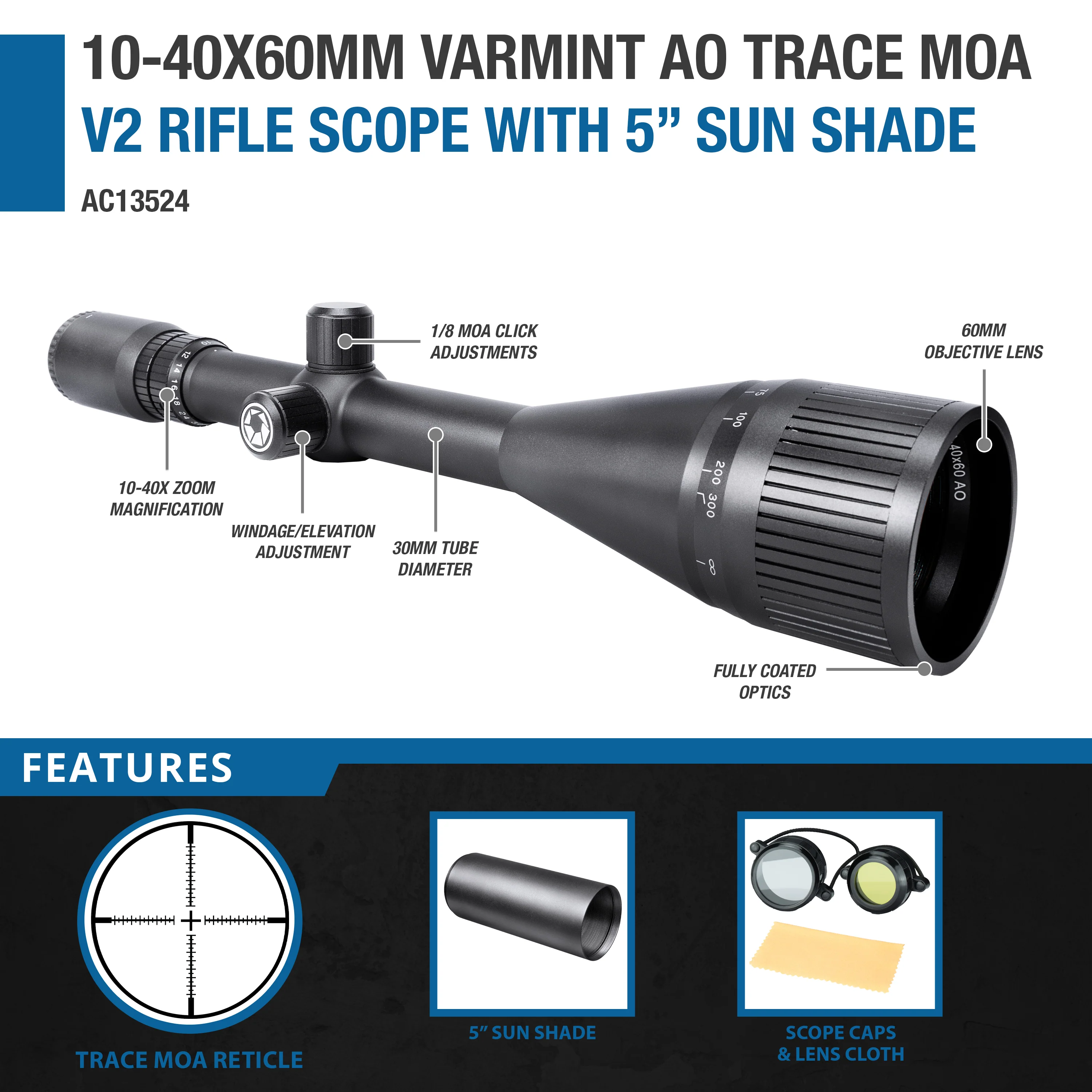 10-40x60mm Varmint AO Trace MOA V2 Rifle Scope with 5" Sun Shade | AC13524 - Image 9