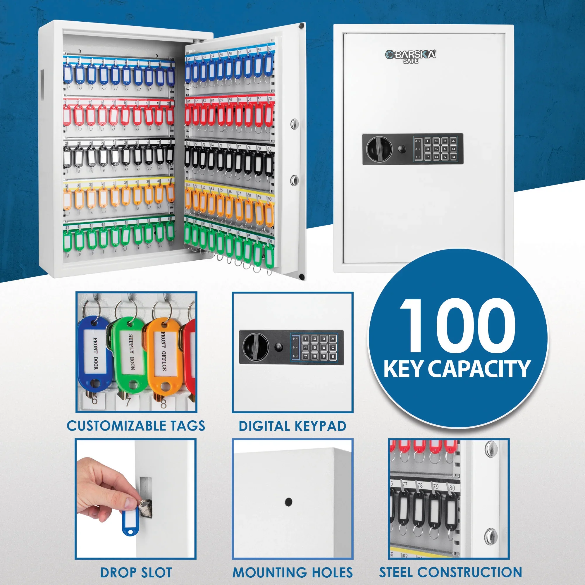 100 Capacity Fixed Position Key Cabinet Digital Keypad Wall Safe, White | AX13262 - Image 12