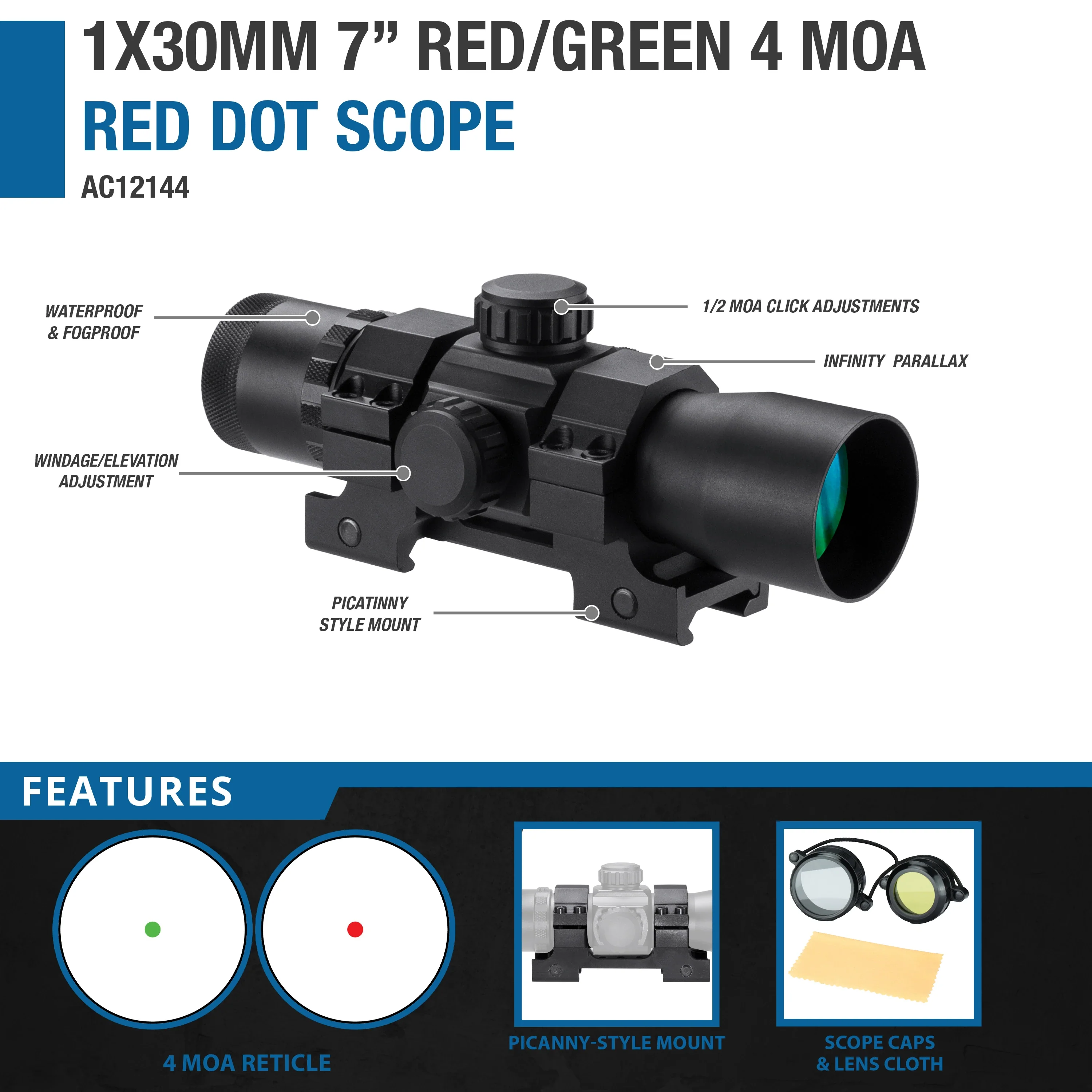 1x30mm Red Dot 7" Red/Green 4 MOA Sight with Mount | AC12144 - Image 6