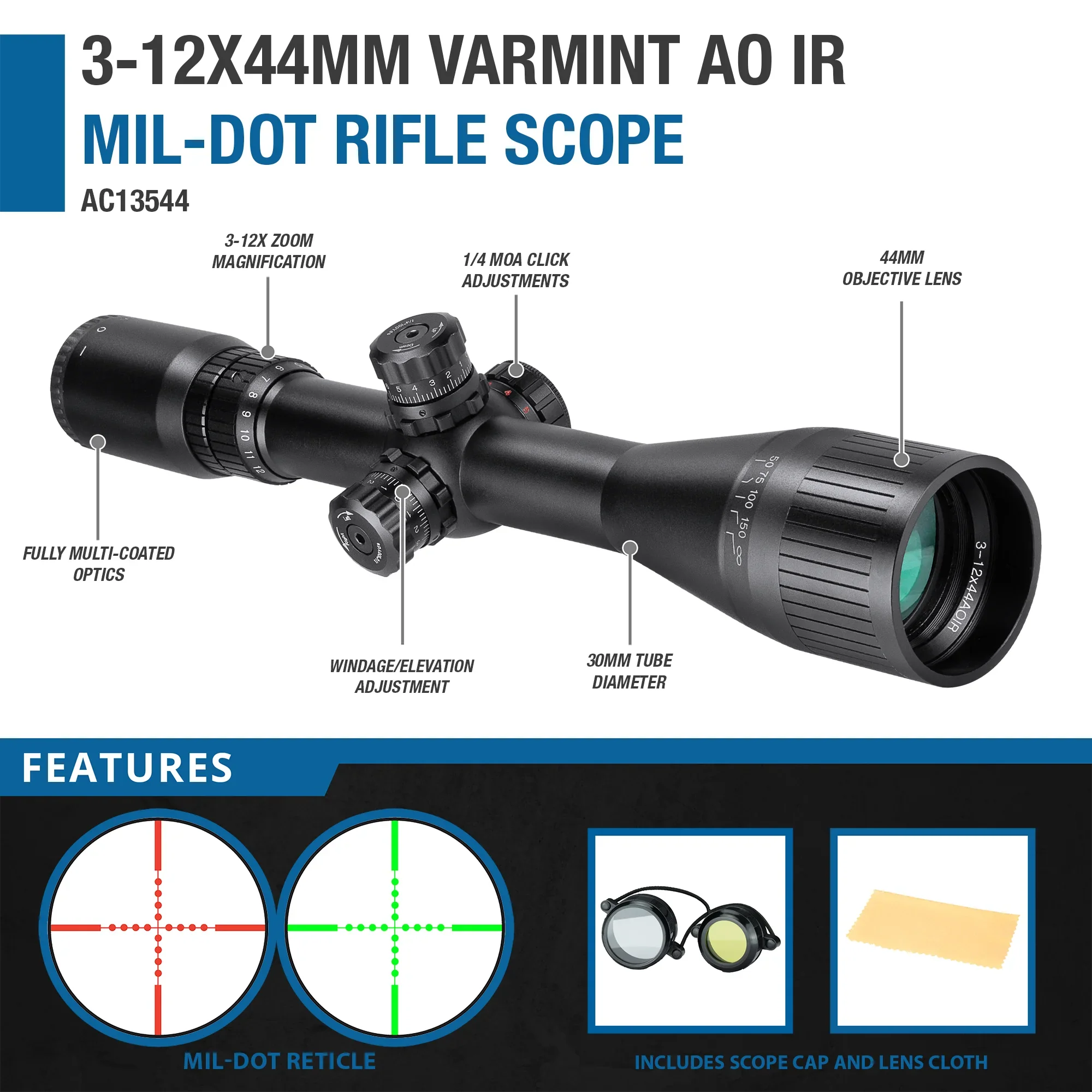 3-12x44mm Varmint AO IR Mil-Dot Rifle Scope | AC13544 - Image 8