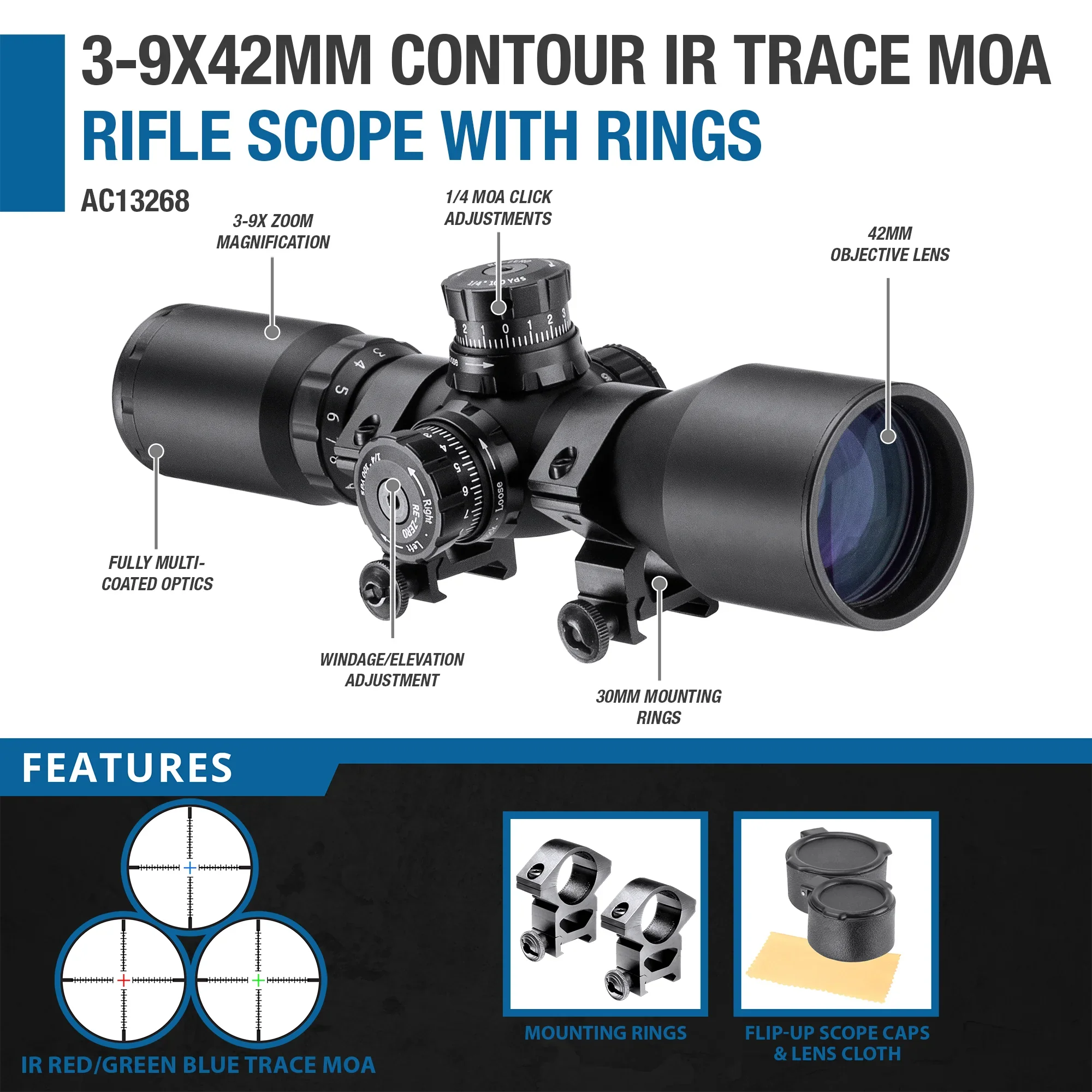 3-9x42mm Contour IR Red/Green/Blue Trace MOA Rifle Scope with Rings | AC13268 - Image 8