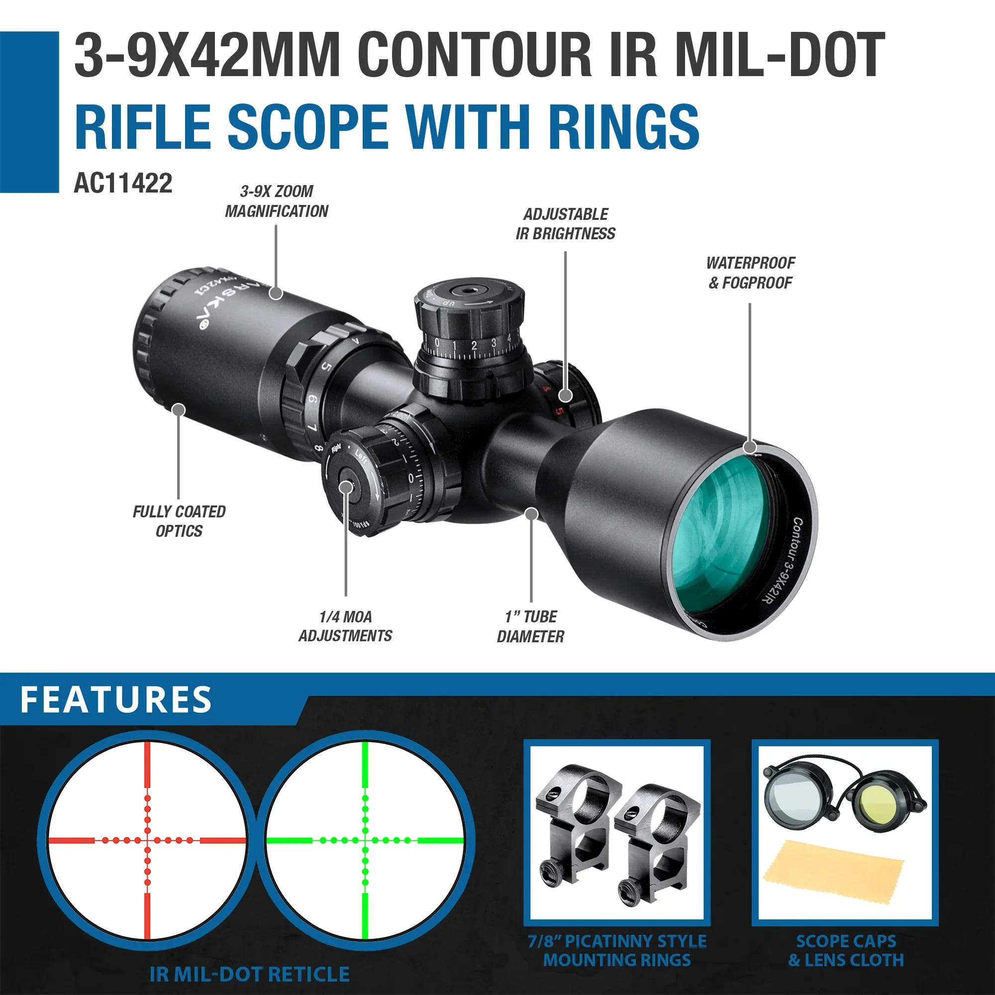 3-9x42mm Contour IR Mil-Dot Rifle Scope with Rings | AC11422 - Image 8