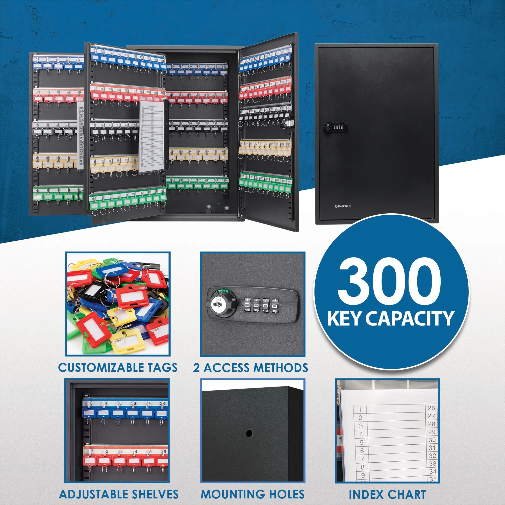 300 Capacity Adjustable Key Cabinet with Combination & Key Lock, Black | CB13352 - Image 10