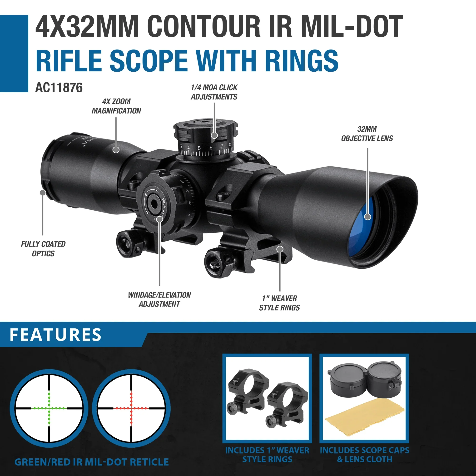 4x32mm Contour External Turret IR Mil-Dot Rifle Scope with Rings | AC11876 - Image 9