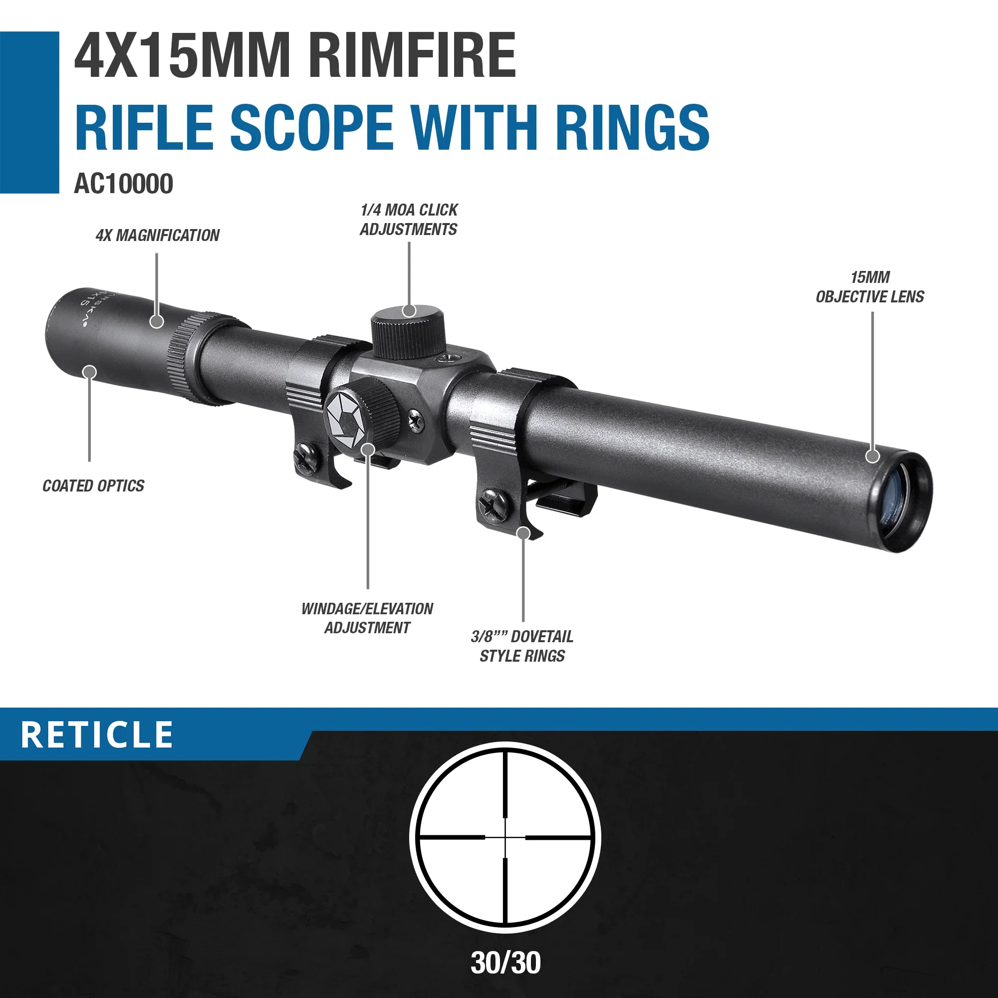 4x15mm Rimfire 30/30 Rifle Scope with Rings | AC10000 - Image 7