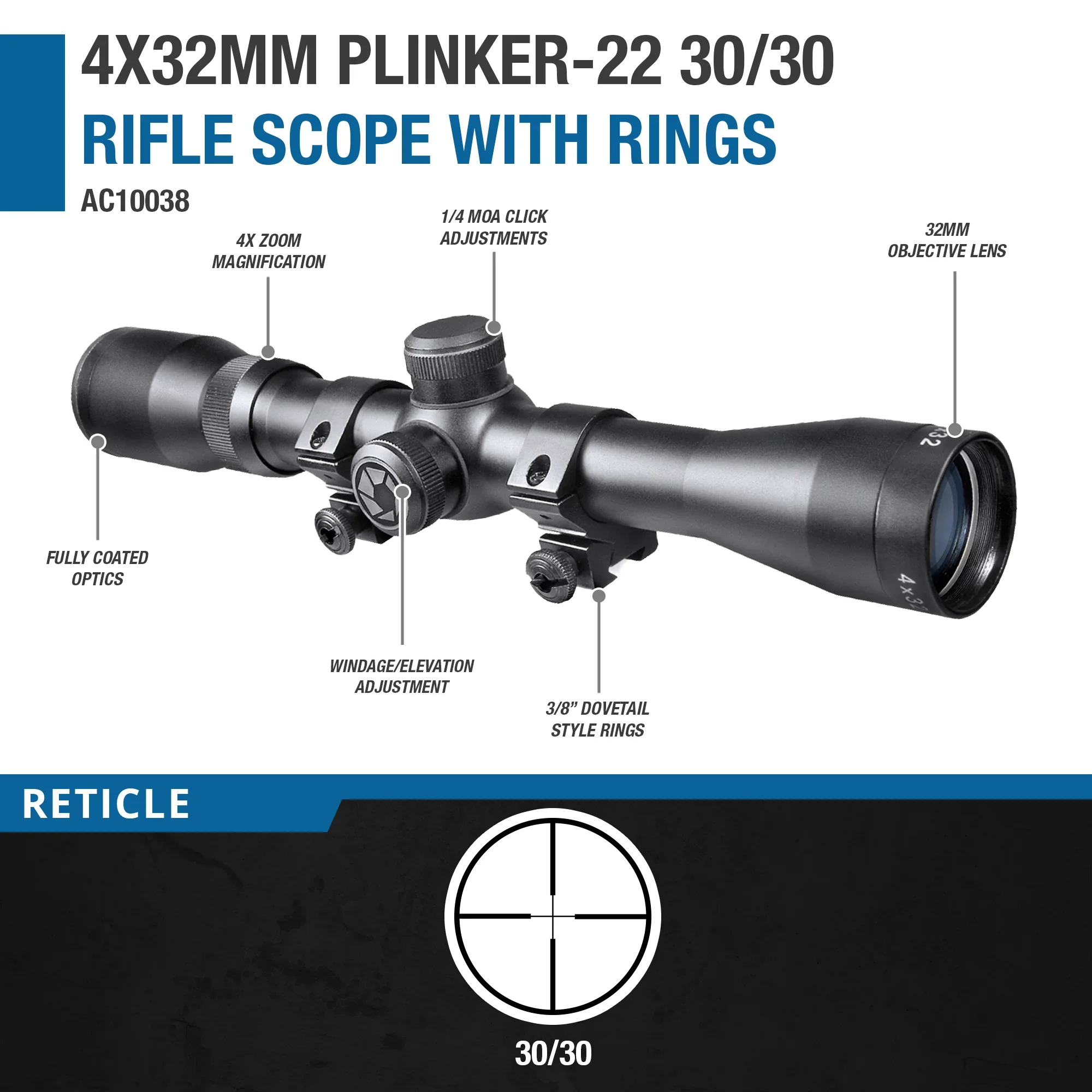 4x32mm Plinker-22 30/30 Rifle Scope with Rings | AC10038 - Image 9