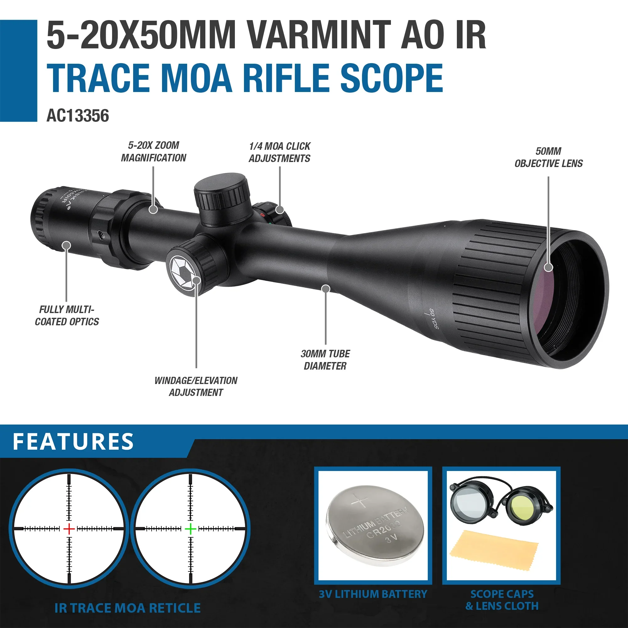 5-20x50mm Varmint AO IR Trace MOA Rifle Scope | AC13356 - Image 5