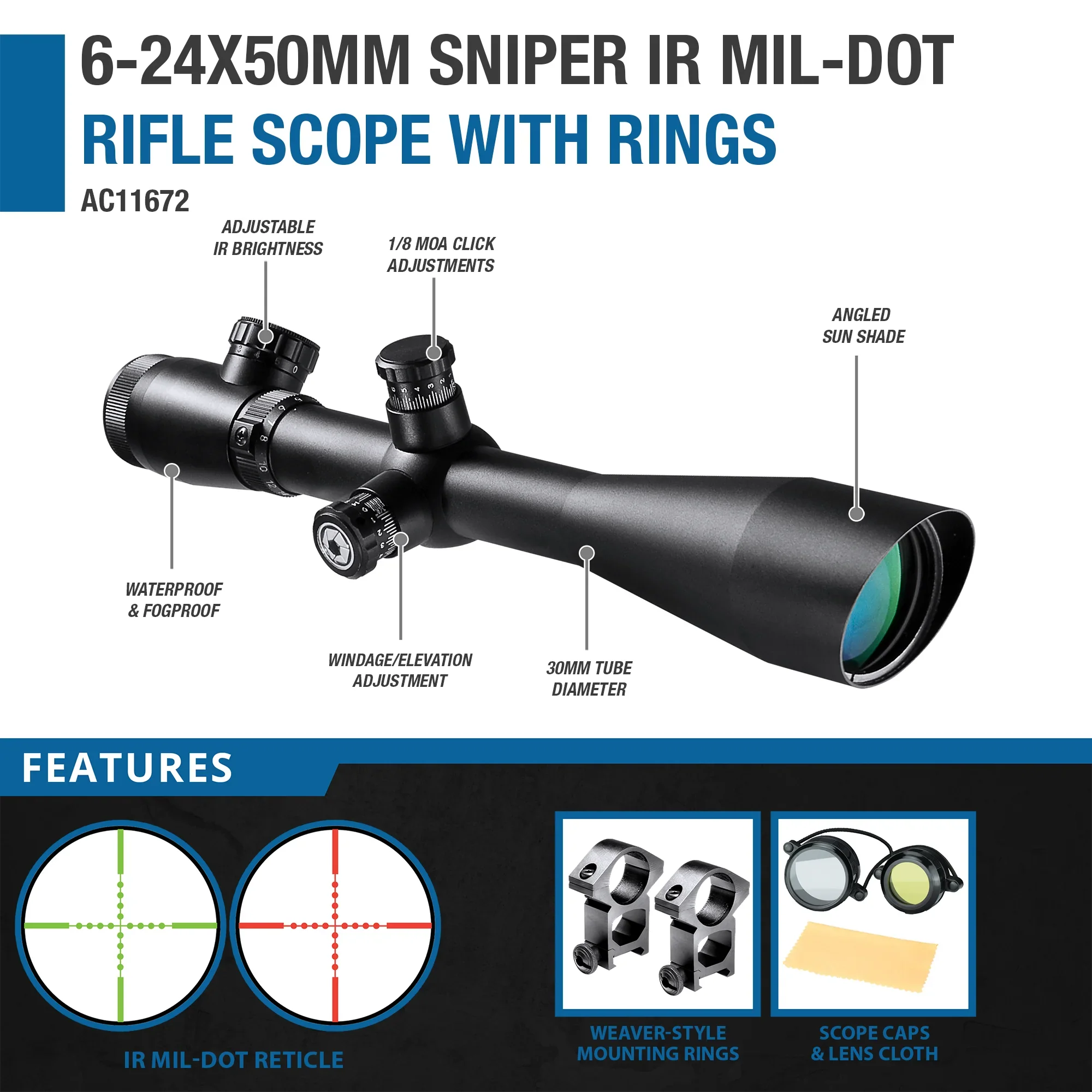 6-24x50mm Sniper IR Mil-Dot Rifle Scope with Rings | AC11672 - Image 5