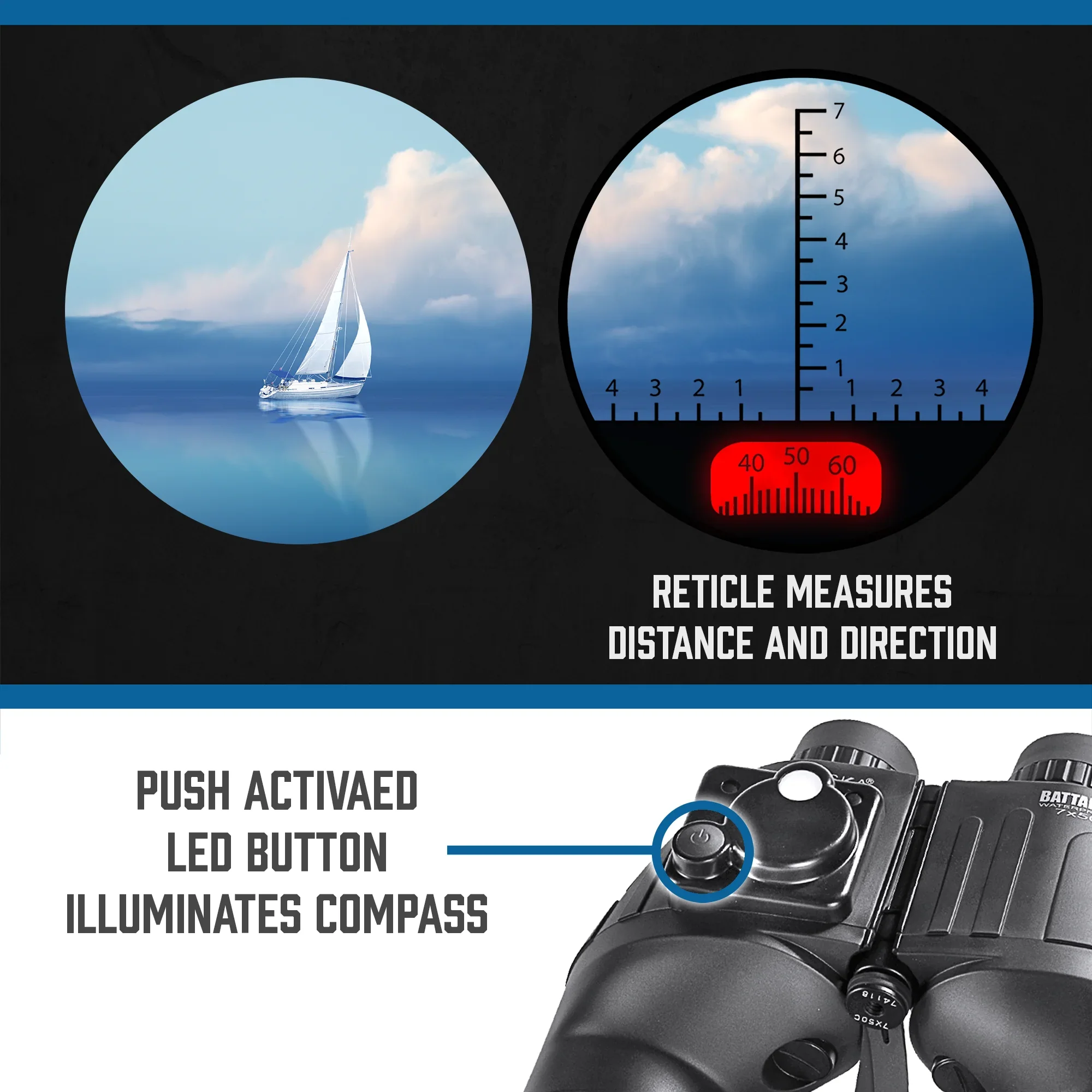 7x50mm Battalion Waterproof Range Finding Compass Reticle Binoculars | AB10510 - Image 4