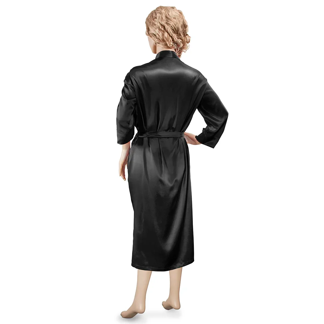 Aus Vio 100% Natural Charmeuse Silk Luxurious Satin Robe, Medium, Black | BM12114 - Image 4