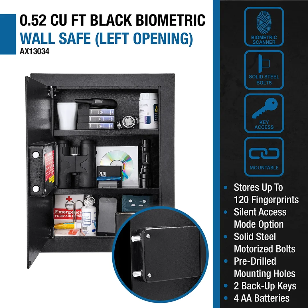 0.52 Cu. ft Black Biometric Wall Safe, Right Opening AX12038 | Left Opening AX13034 - Image 21