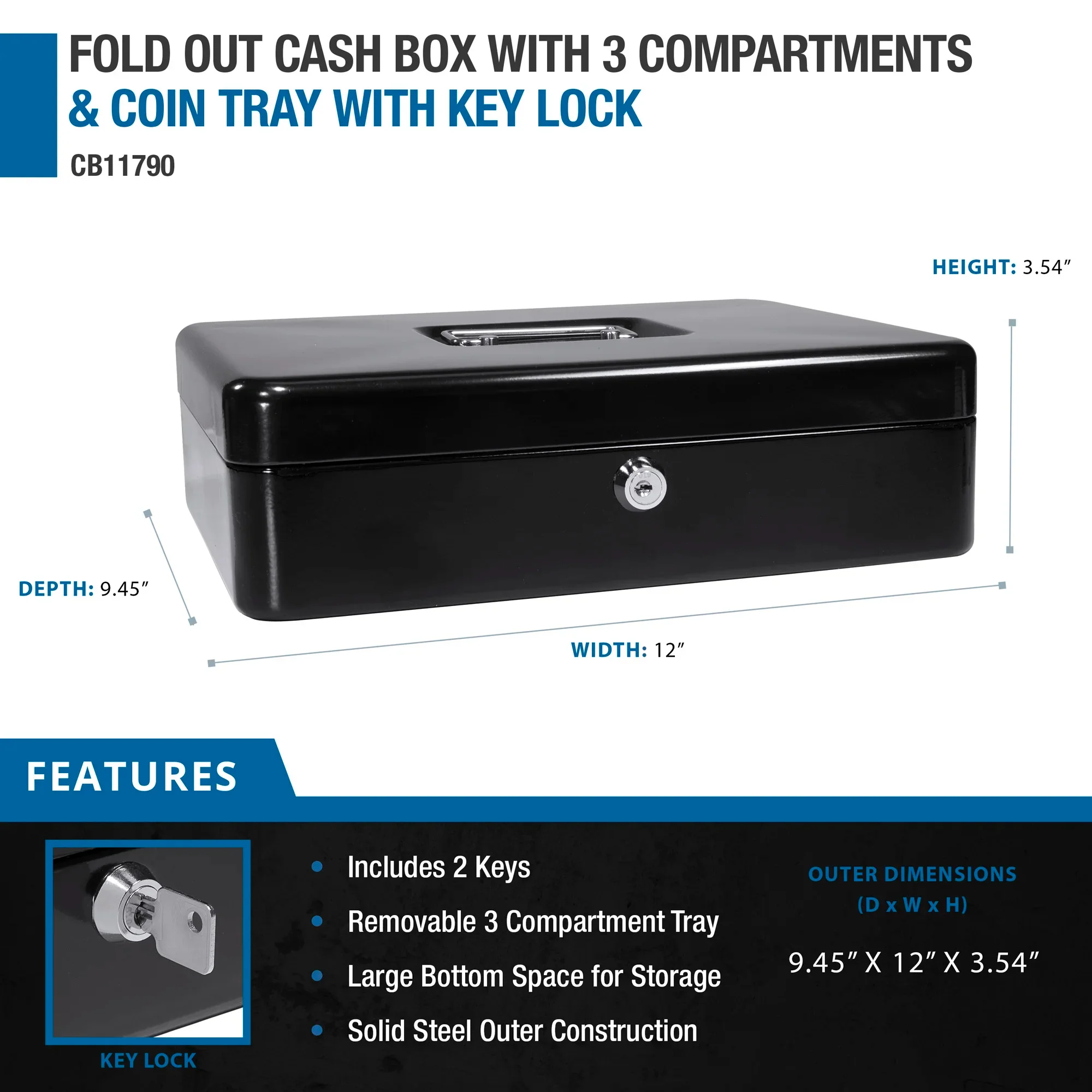 Cash Box with Three Compartments and Coin Tray with Key Lock | CB11790 - Image 7