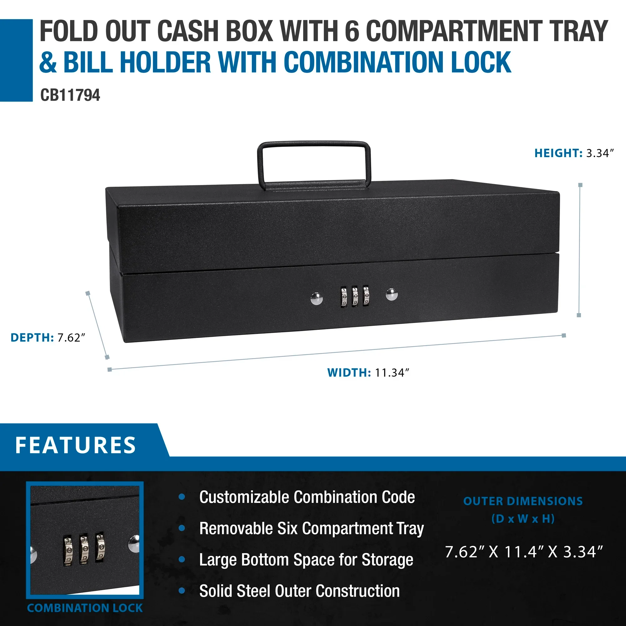Fold Out Cash Box with Six Compartment Tray and Bill Holder with Combination Lock | CB11794 - Image 8