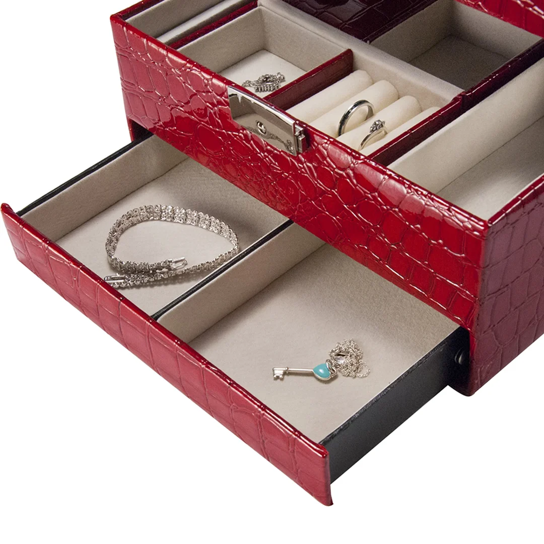 Cheri Bliss Portable Vegan Leather Croc Embossed Red Jewelry Box with Drawer, Key Lock, and Carry Handle | BF11976 - Image 7