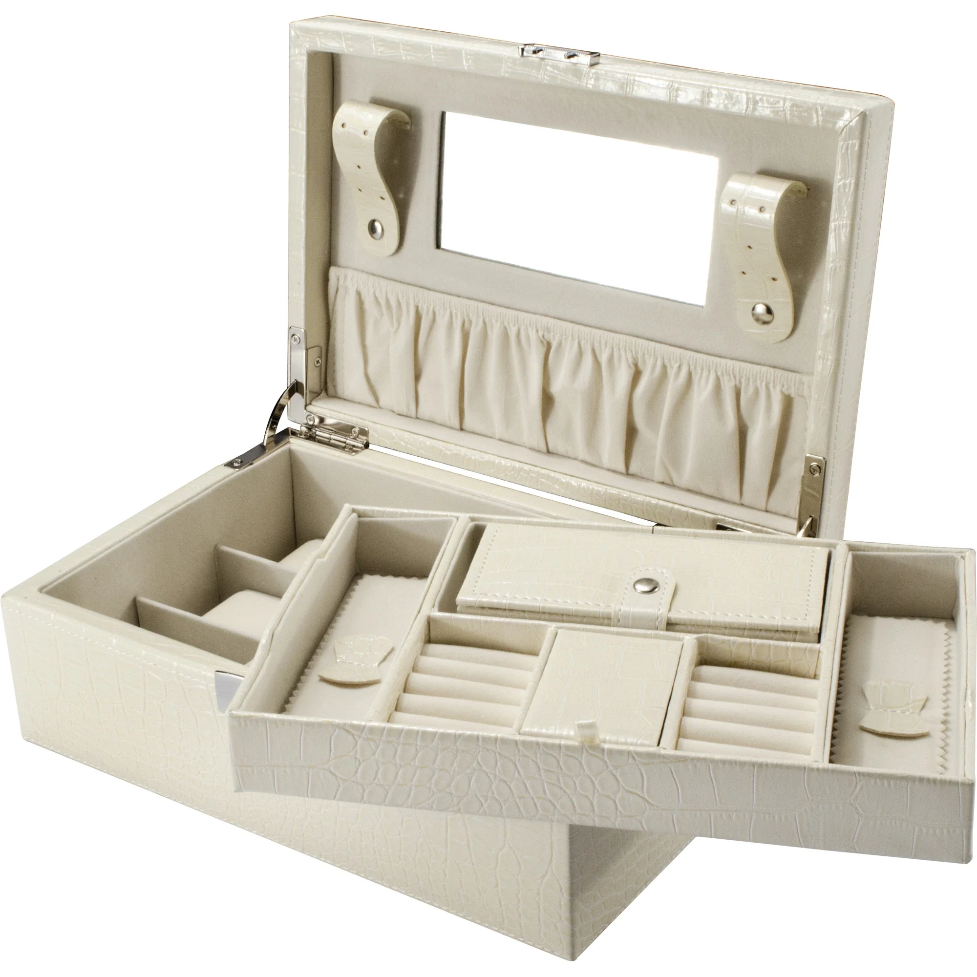Cheri Bliss Vegan Leather Croc Embossed Cream Jewelry Box with Drawer and Key Lock  | BF12504 - Image 3