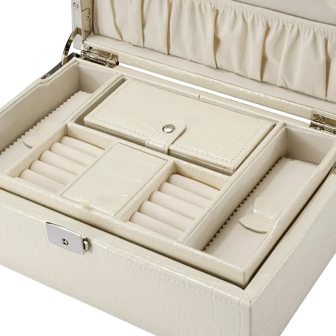 Cheri Bliss Vegan Leather Croc Embossed Cream Jewelry Box with Drawer and Key Lock  | BF12504 - Image 5