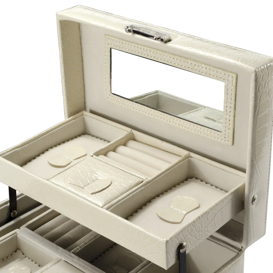 Cheri Bliss Portable Vegan Leather Croc Embossed Cream Jewelry Box with Drawer, Key Lock, and Carry Handle | BF12502 - Image 6