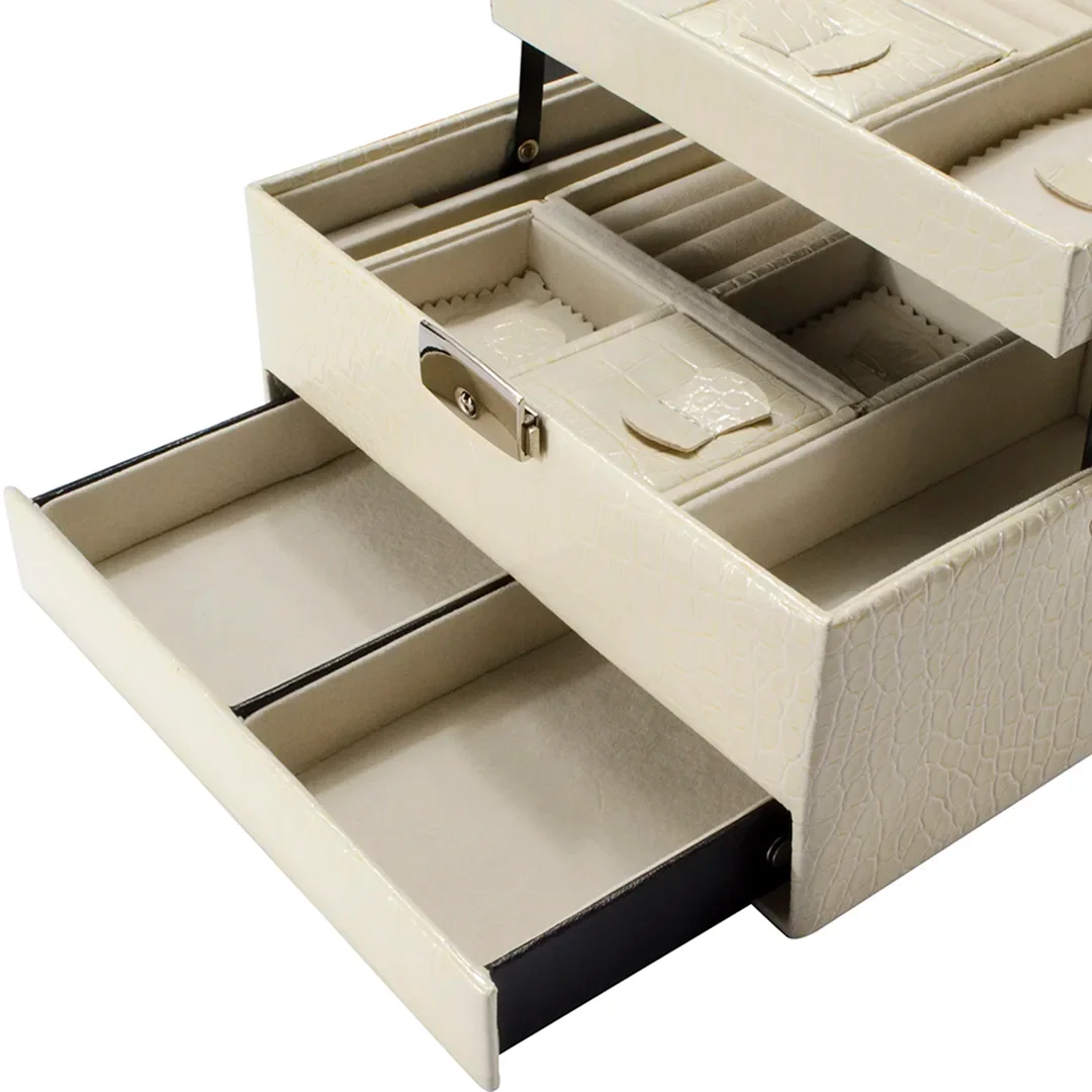 Cheri Bliss Portable Vegan Leather Croc Embossed Cream Jewelry Box with Drawer, Key Lock, and Carry Handle | BF12502 - Image 7