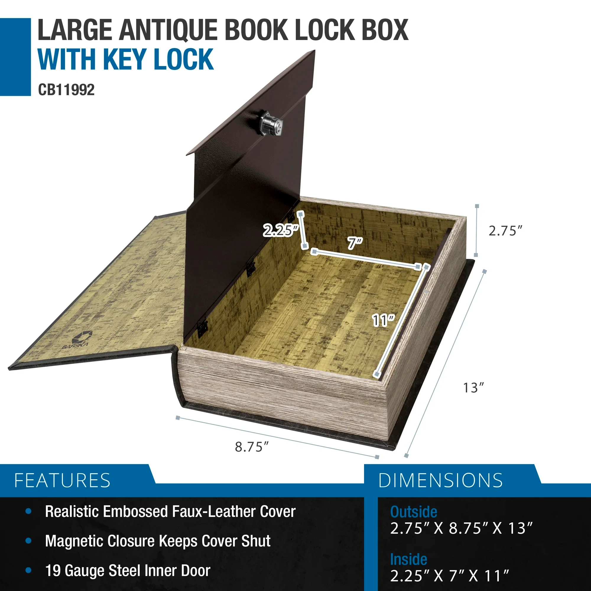 Large Antique Book Lock Box with Key Lock | CB11992 - Image 3