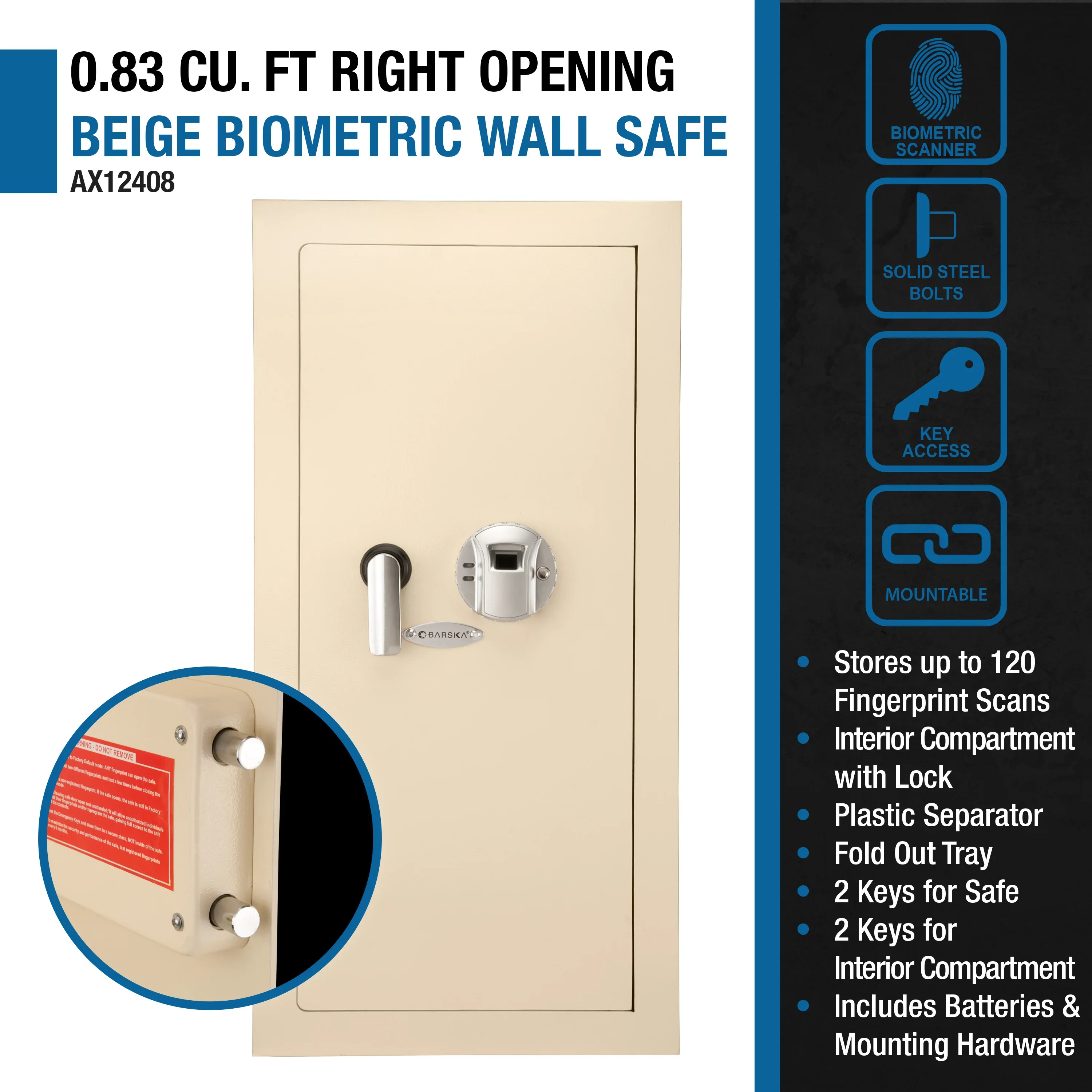 Large Beige Biometric Wall Safe, Right Opening  AX12408 | Left Opening AX12880 - Image 11