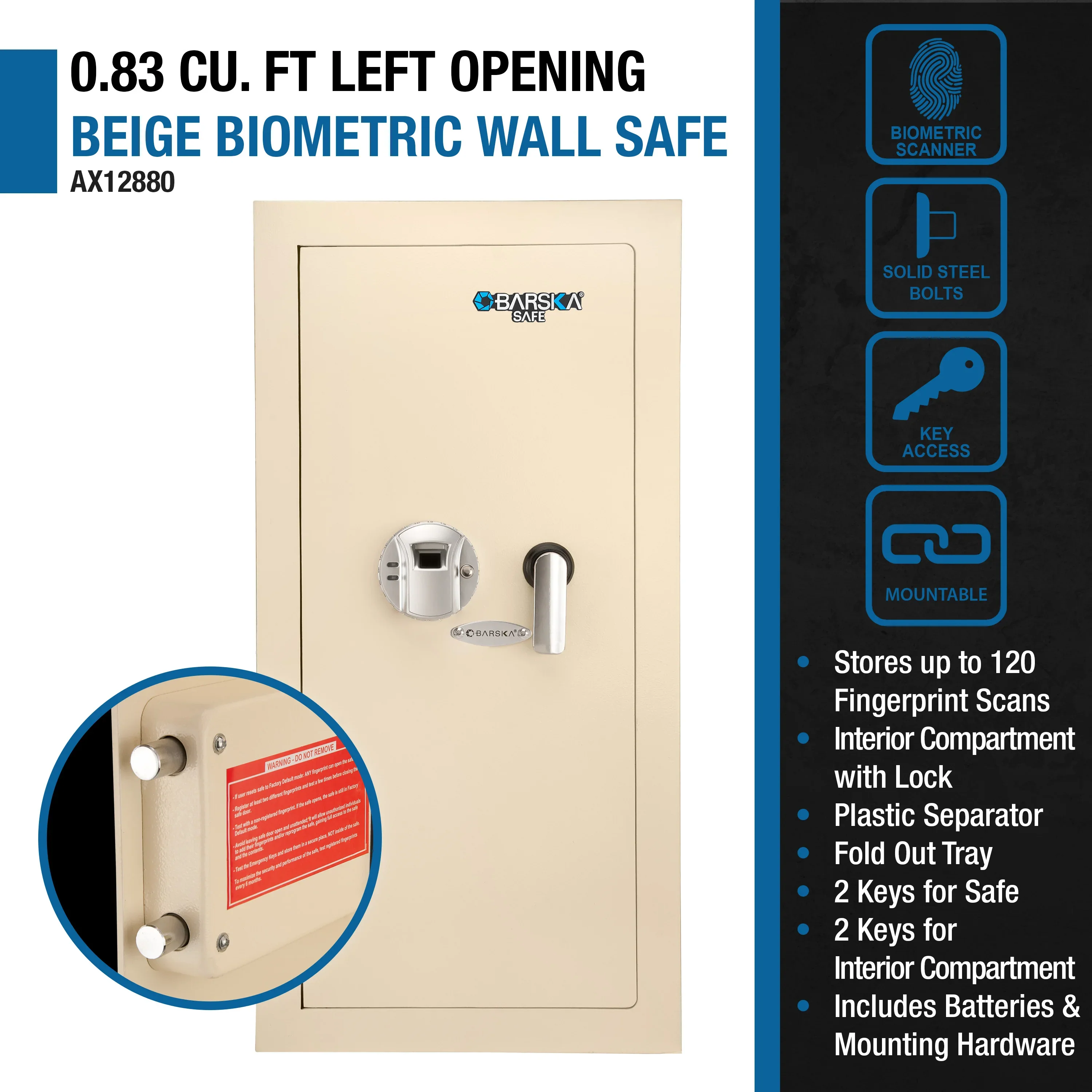 Large Beige Biometric Wall Safe, Right Opening  AX12408 | Left Opening AX12880 - Image 22