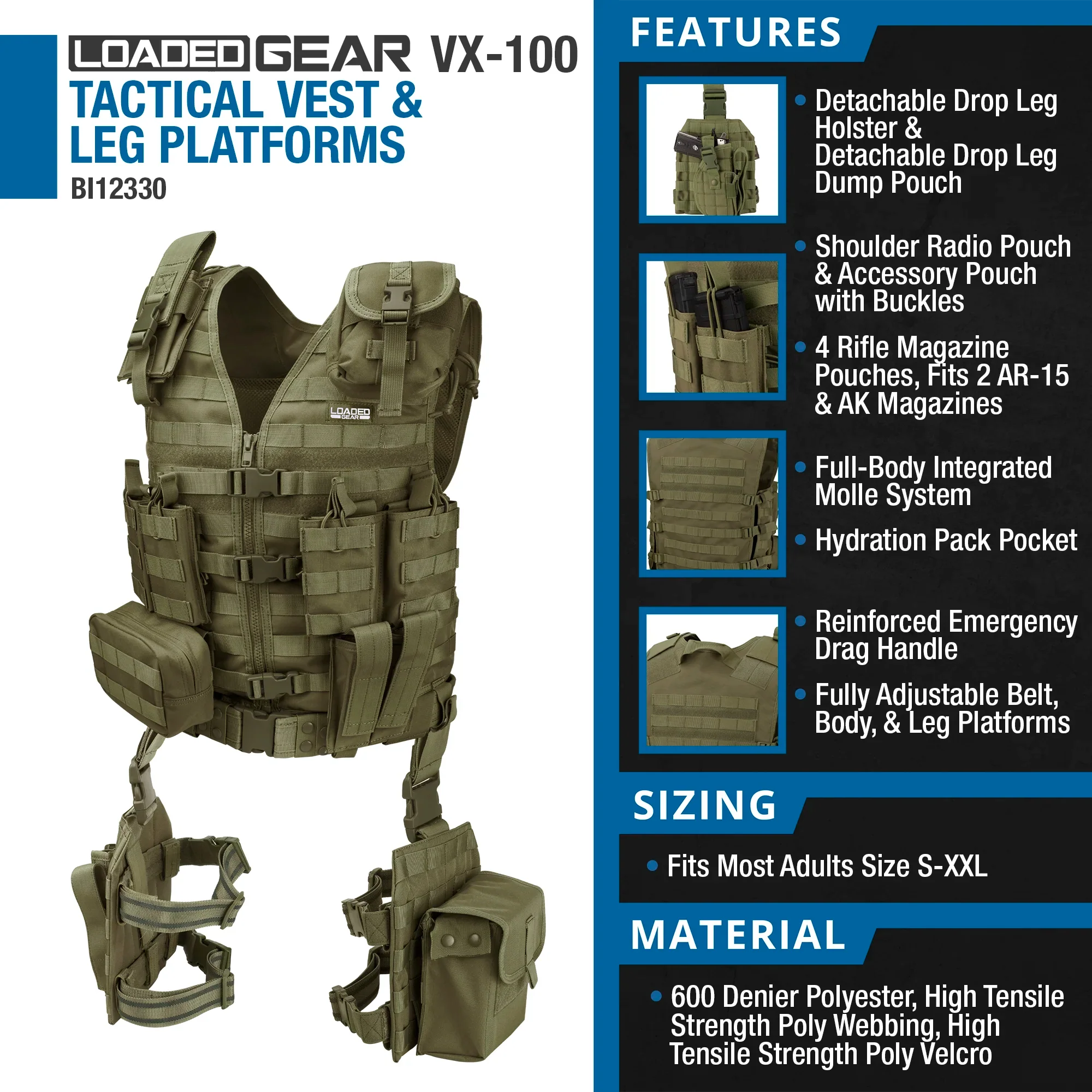 Loaded Gear VX-100 Tactical Vest and Leg Platforms | Black, OD Green, Dark Earth | BI12016, BI12330, BI12344 - Image 16