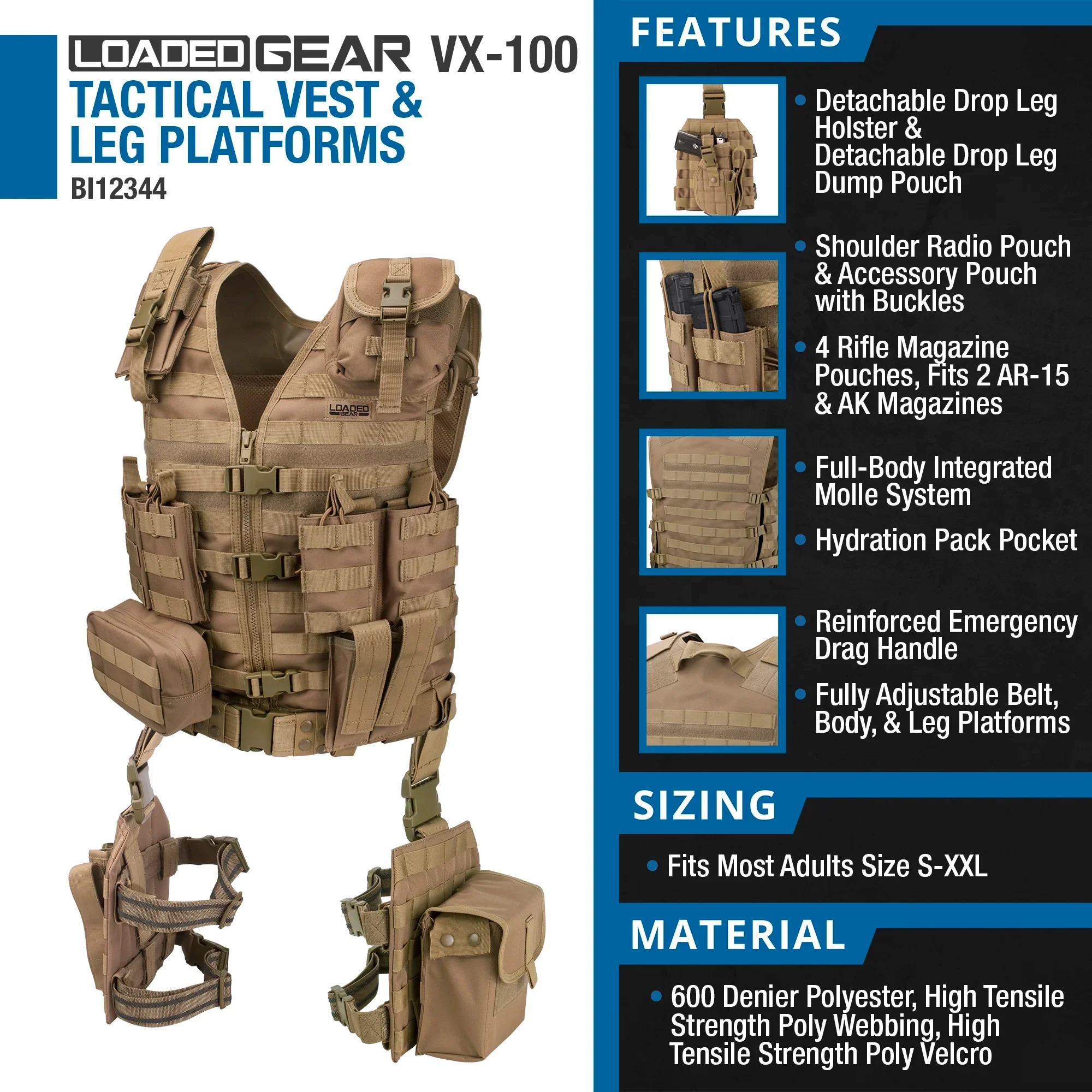 Loaded Gear VX-100 Tactical Vest and Leg Platforms | Black, OD Green, Dark Earth | BI12016, BI12330, BI12344 - Image 23